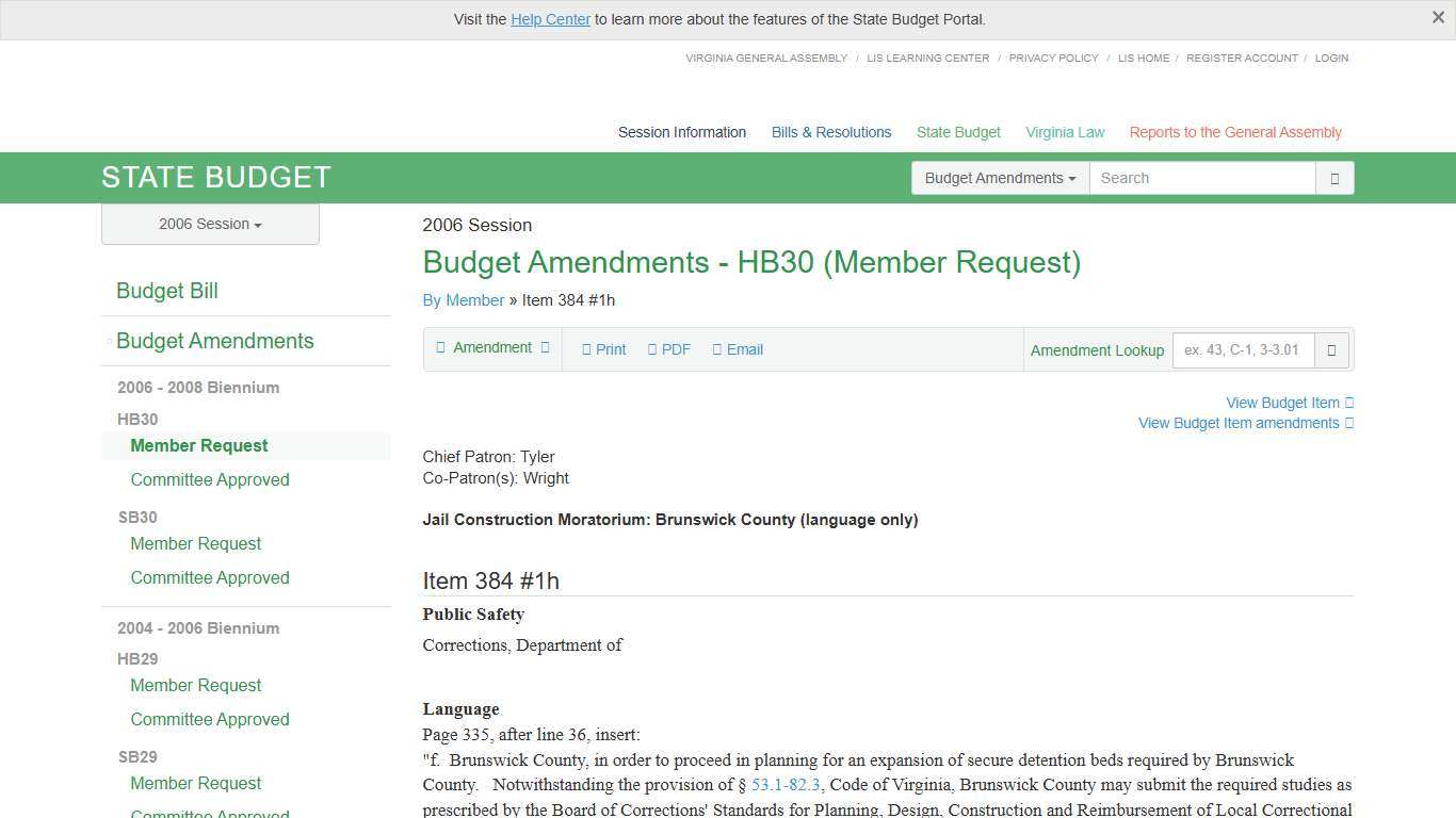 384#1h (DOC/CA) Jail Construction Moratorium: Brunswick County. HB30 - Member Request