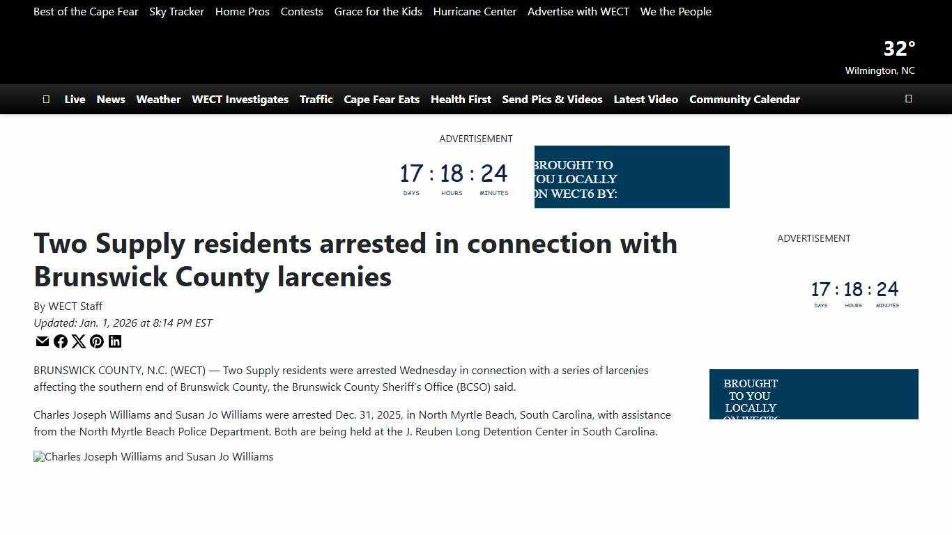 Two Supply residents arrested in connection with Brunswick County larcenies